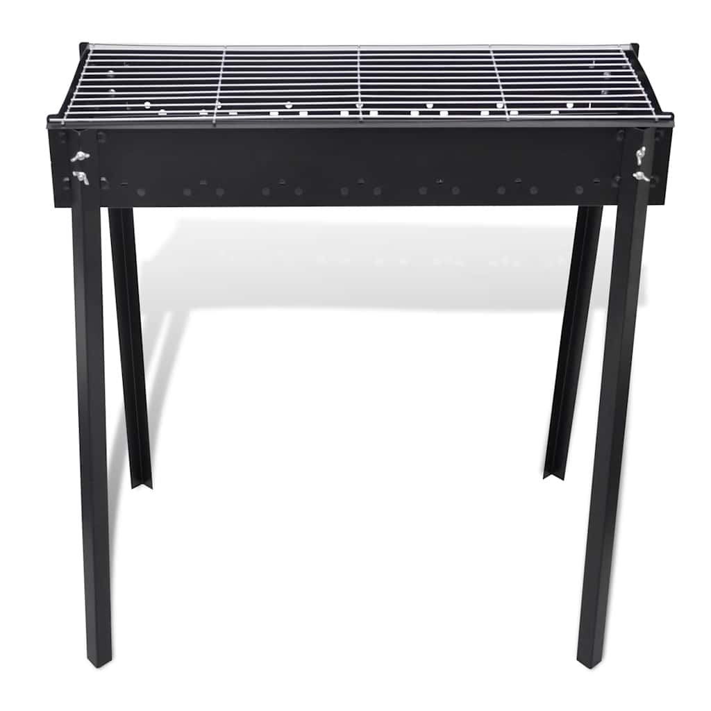 Black steel charcoal BBQ stand with 30x11-inch square grill grate and four legs.