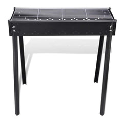 Black steel charcoal BBQ stand with 30x11-inch square grill grate and four legs.