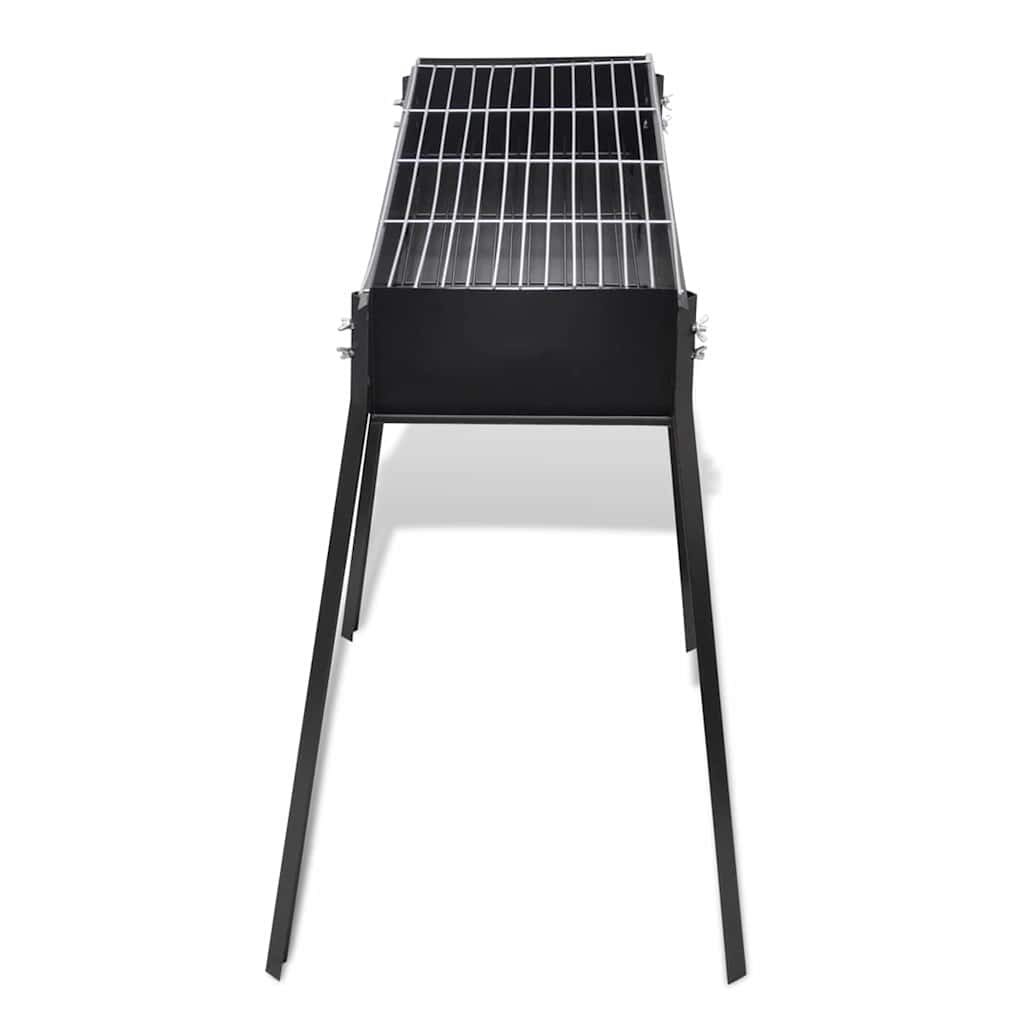 Compact black steel charcoal BBQ stand with 30x11 inch square grill grate and sturdy legs.