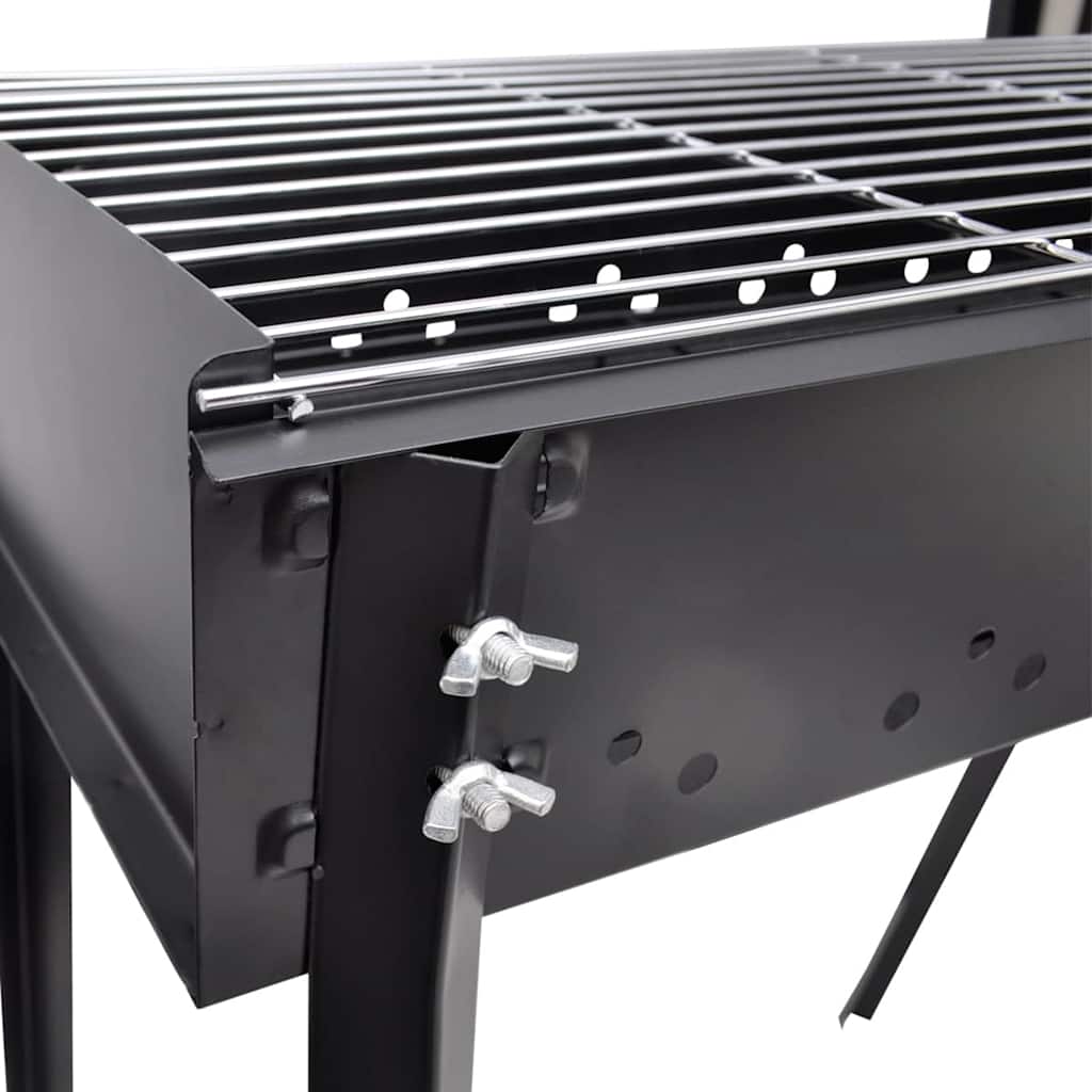 Compact black steel charcoal BBQ stand with 30x11-inch square grill grate and foldable legs.
