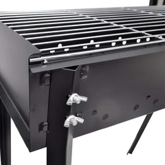 Compact black steel charcoal BBQ stand with 30x11-inch square grill grate and foldable legs.