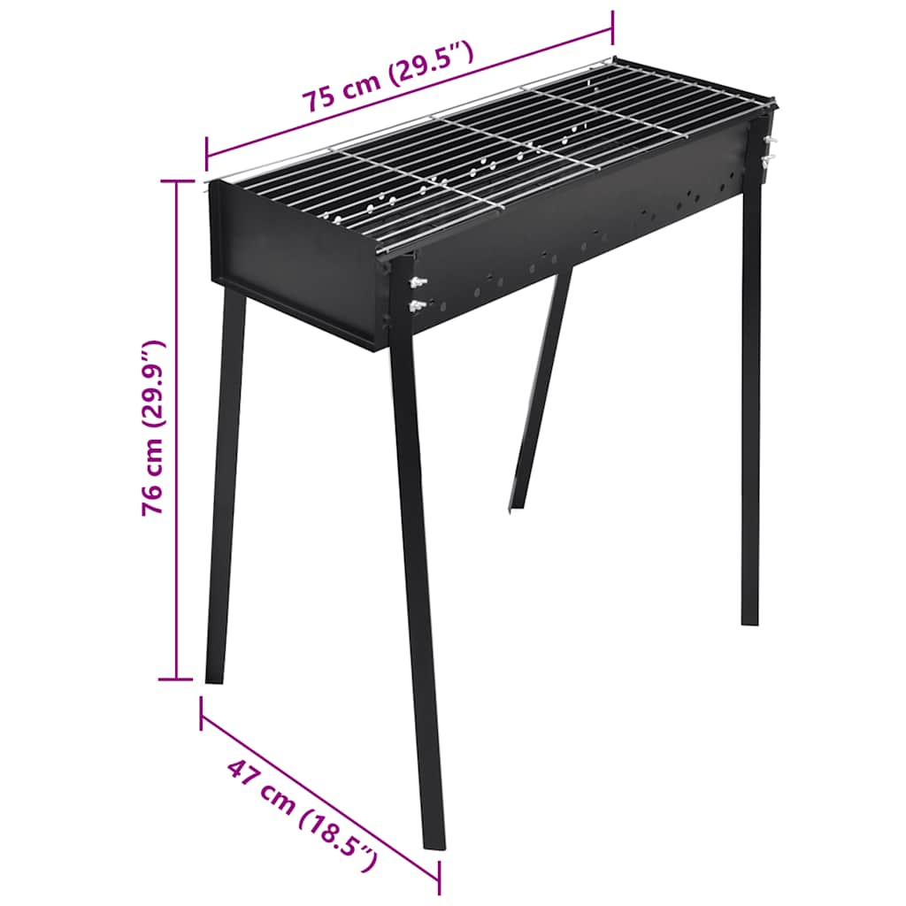 Black steel charcoal BBQ stand with 30x11-inch square grill grate and dimensions 75x47 cm.