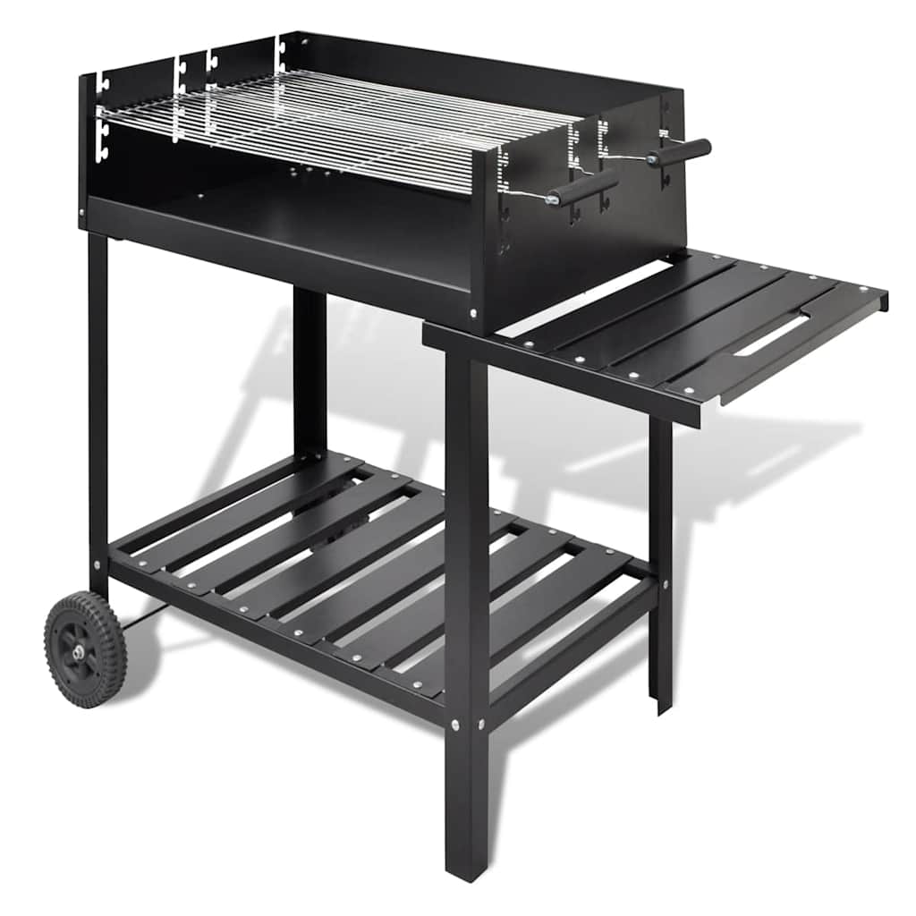 Black steel charcoal BBQ stand with two wheels, side shelf, and lower storage rack.