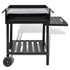 Black steel charcoal BBQ stand with two wheels, side shelf, and slatted lower rack, measuring 45x24x35 inches.