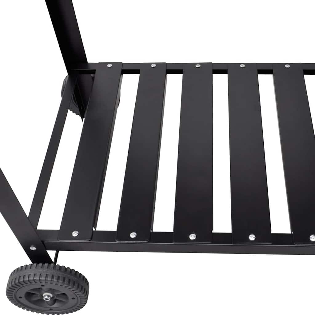 Black steel charcoal BBQ stand with wheeled base and slatted shelves, 45x24x35 inches.