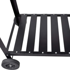 Black steel charcoal BBQ stand with wheeled base and slatted shelves, 45x24x35 inches.