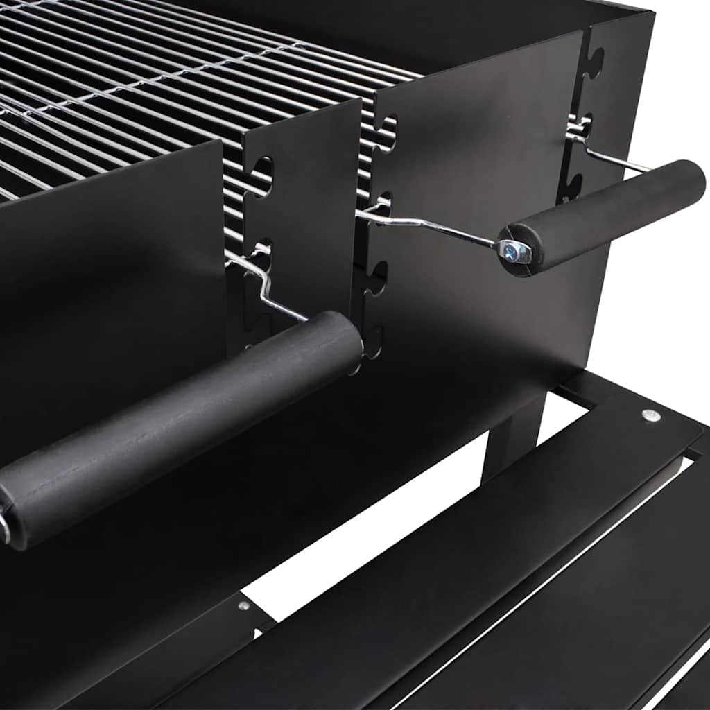 Black steel charcoal BBQ stand with two handles and wheels for easy mobility.