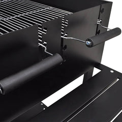 Black steel charcoal BBQ stand with two handles and wheels for easy mobility.