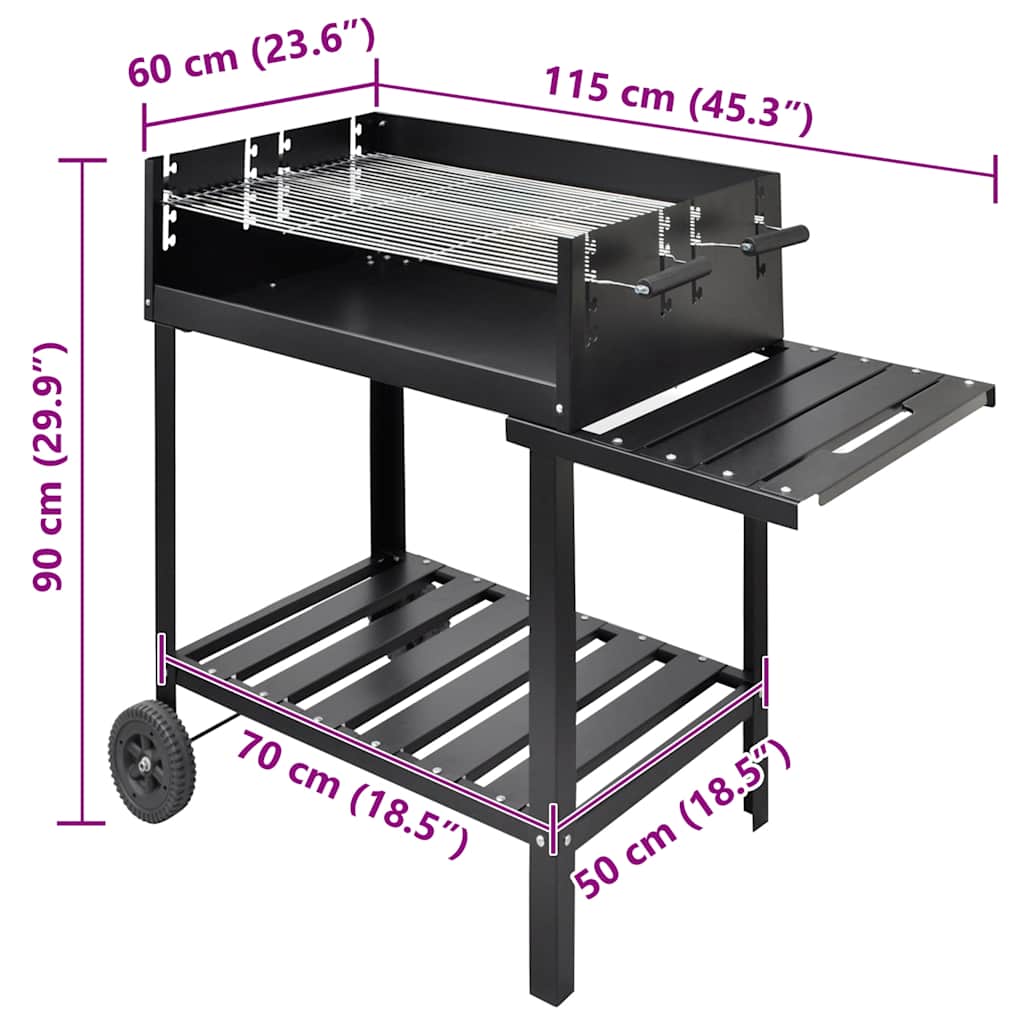 Black steel charcoal BBQ stand with wheels, measuring 45x24x35 inches, side shelf, and dual grates.