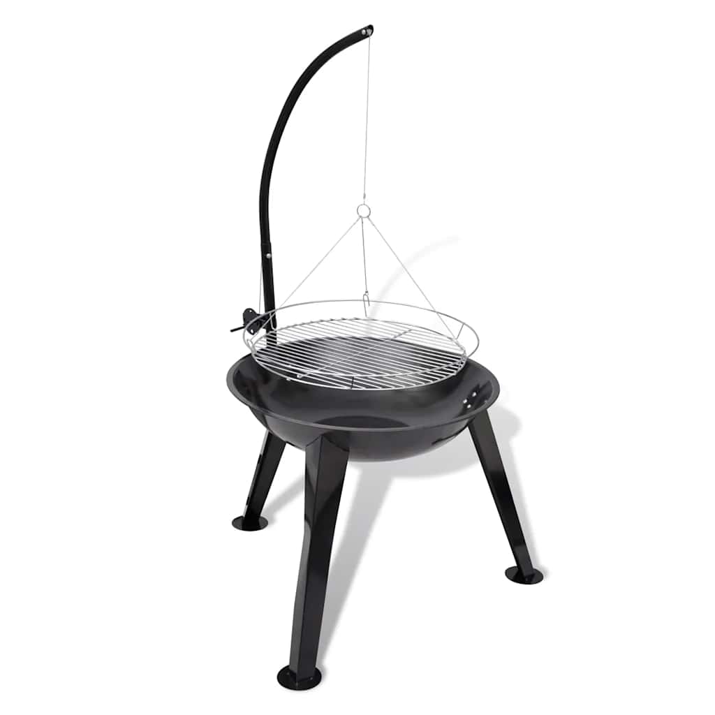 Black steel tripod charcoal BBQ stand with adjustable hanging grill basket.