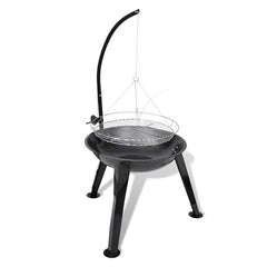 Black steel tripod charcoal BBQ stand with adjustable hanging grill basket.