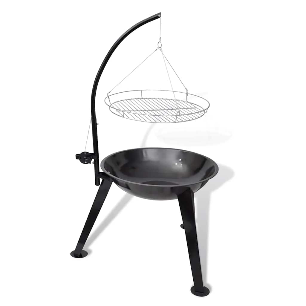 Black steel charcoal BBQ stand with tripod legs and adjustable hanging grill.