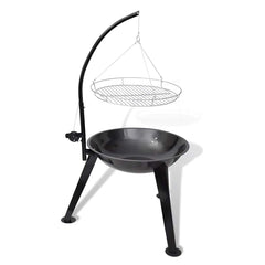 Black steel charcoal BBQ stand with tripod legs and adjustable hanging grill.