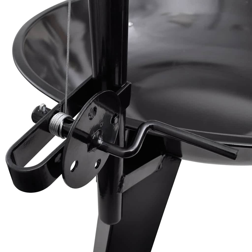Black steel tripod charcoal BBQ stand with adjustable hanging grill and chain mechanism.