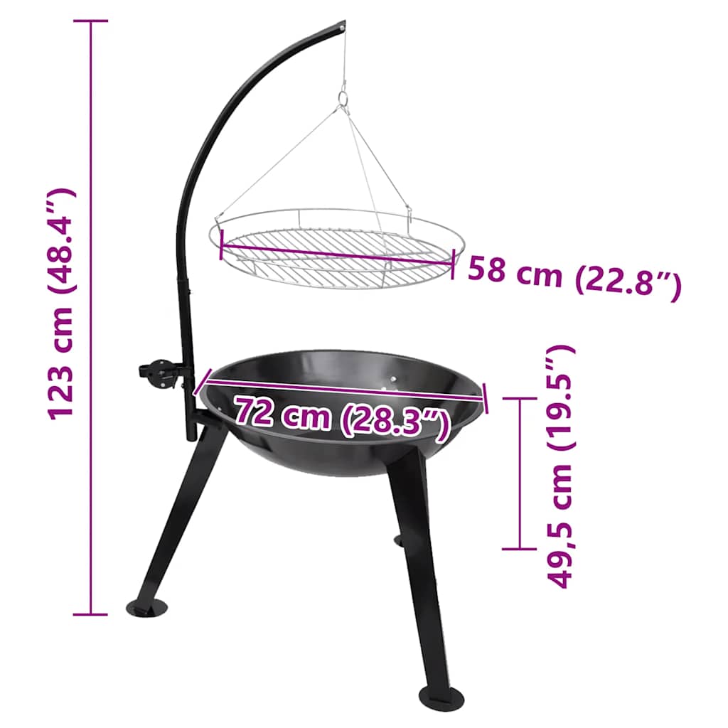 Black steel tripod charcoal BBQ stand with adjustable hanging wire grill and dimensions.
