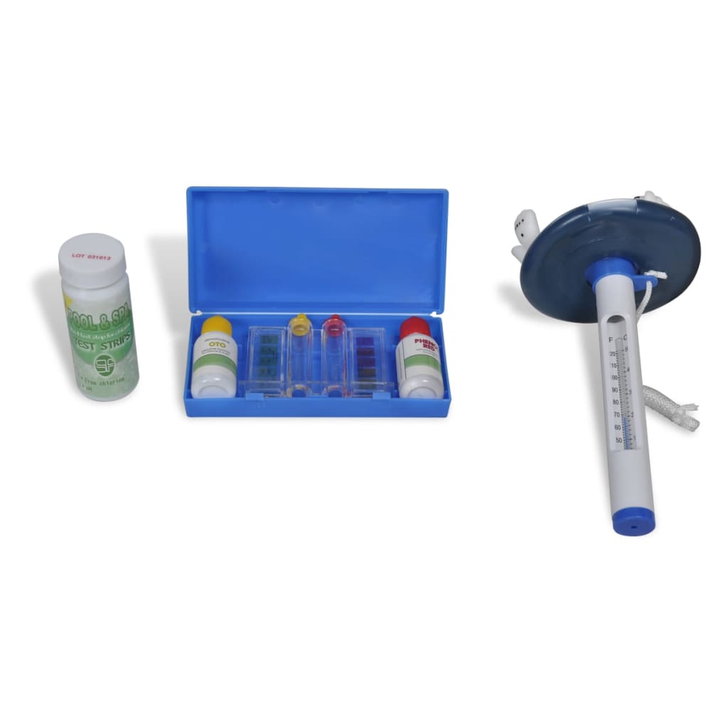 Bostome Pool Cleaning XXL Set with vacuum head, skimmer, brush, pole, test kit, and thermometer.