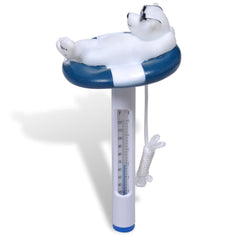 White polar bear in sunglasses lounging on blue float with attached pool thermometer.