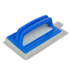 Blue plastic scrub brush with white sponge and ergonomic handle for cleaning.