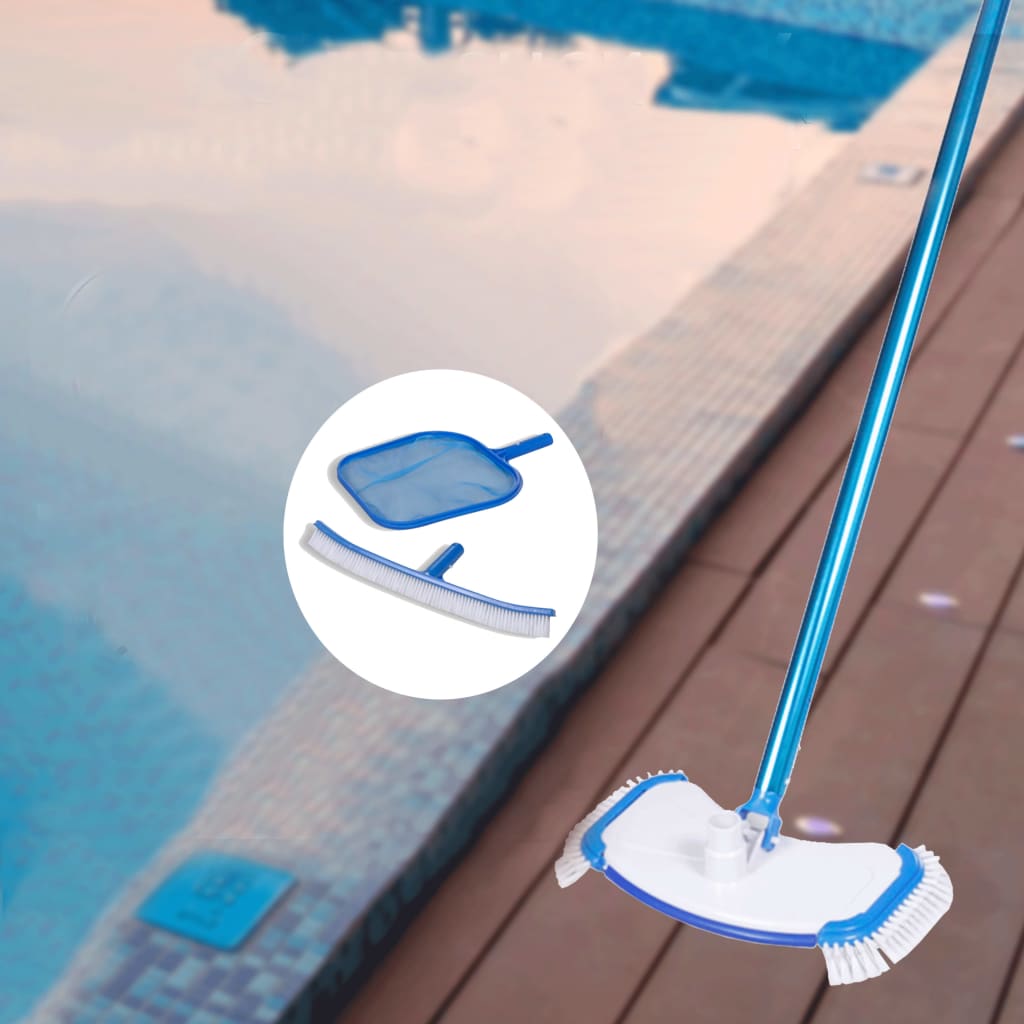 Blue pool cleaning set with vacuum head, skimmer, brush, and telescopic pole by the pool edge.