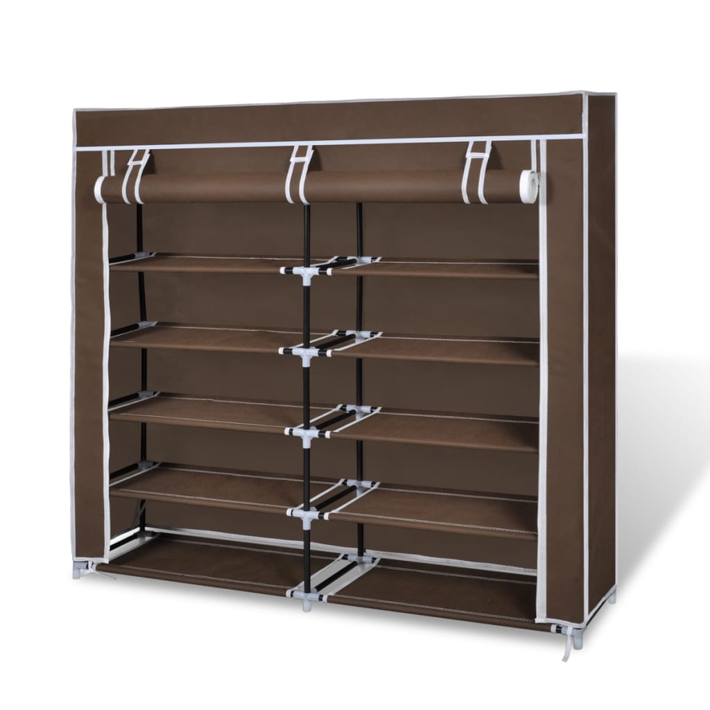 Brown double 5-tier fabric shoe cabinet with zippered cover, 45x11x43 inches.