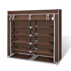 Brown double 5-tier fabric shoe cabinet with zippered cover, 45x11x43 inches.