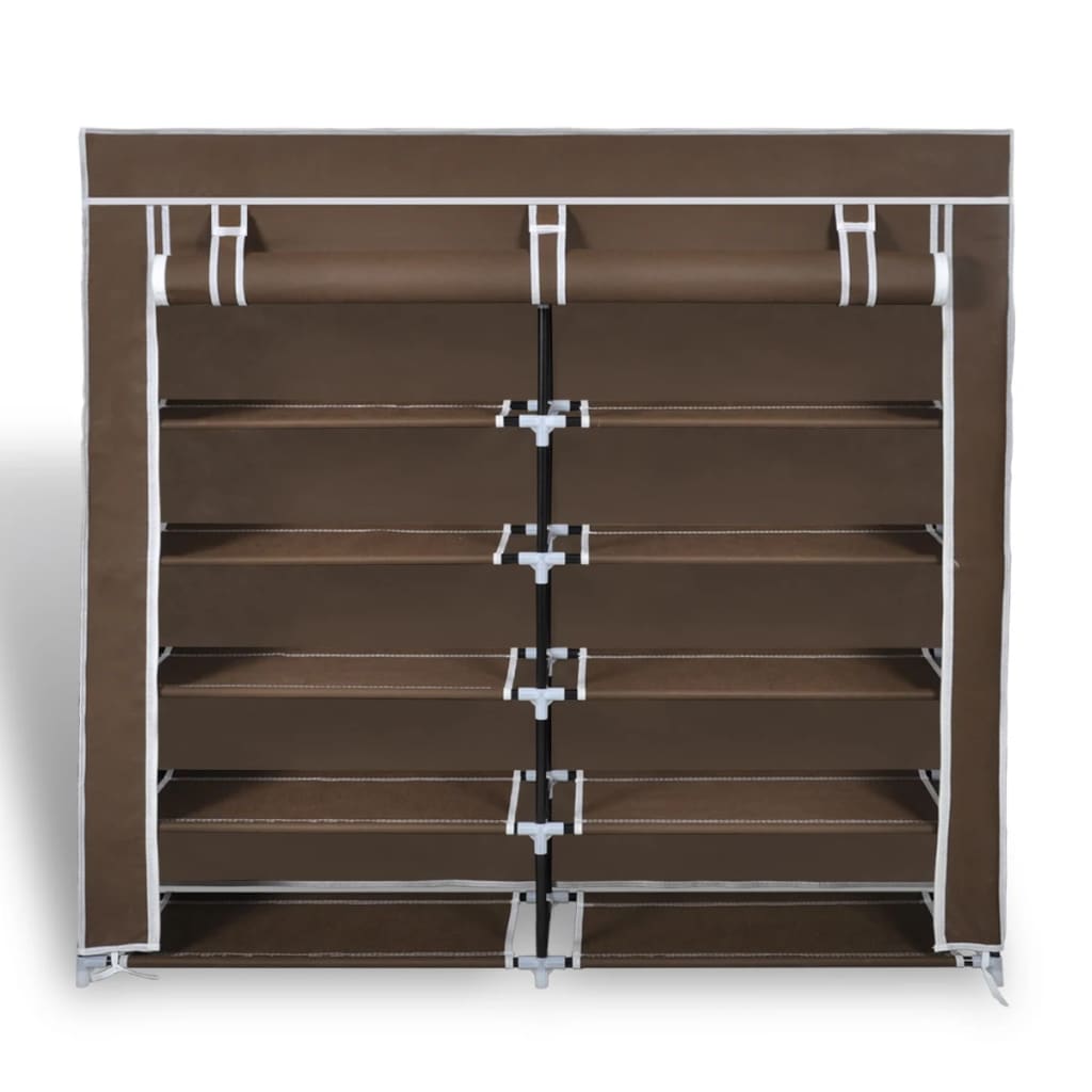 Brown double 5-tier fabric shoe cabinet with zippered cover, 45x11x43 inches.