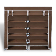 Brown double 5-tier fabric shoe cabinet with zippered cover, 45x11x43 inches.