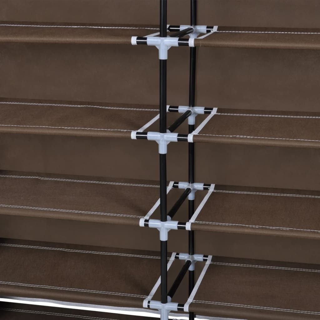 Brown double 5-tier fabric shoe cabinet with zippered cover and black frame, 45x11x43 inches.