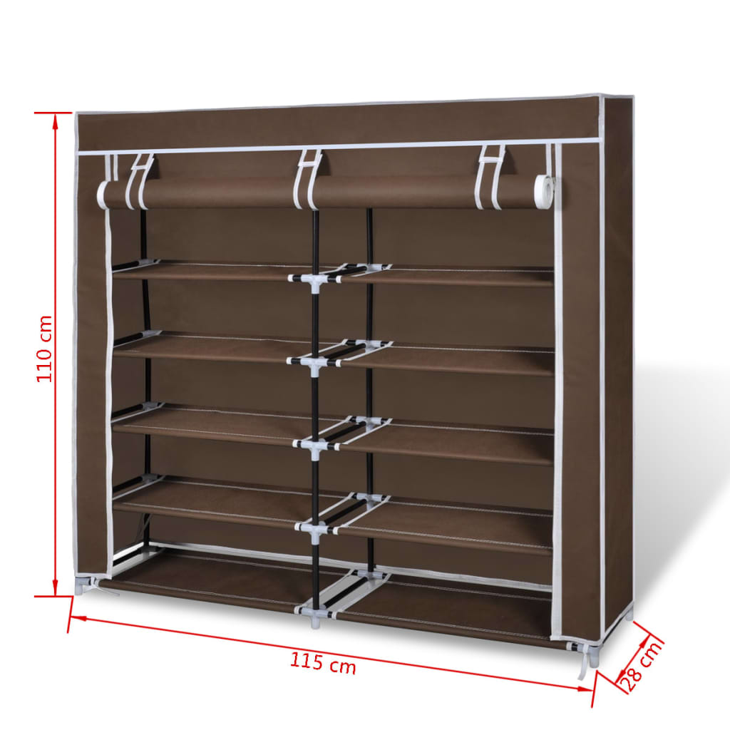 Brown double 5-tier fabric shoe cabinet with zippered cover, 45x11x43 inches.