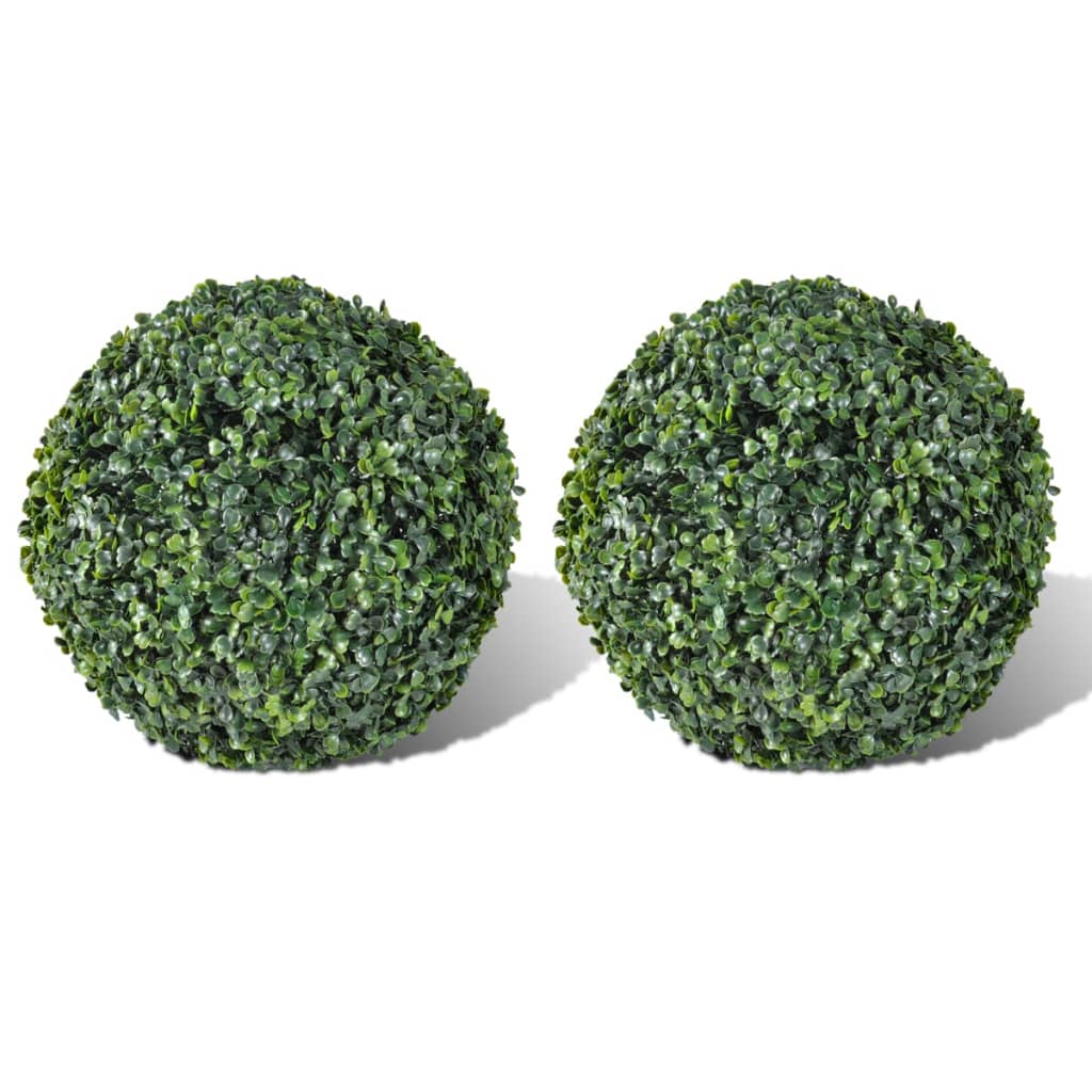 Two 10.6-inch artificial boxwood topiary balls in mixed green, ideal for indoor or outdoor use.