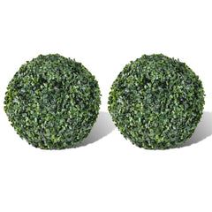 Two 10.6-inch artificial boxwood topiary balls in mixed green, ideal for indoor or outdoor use.