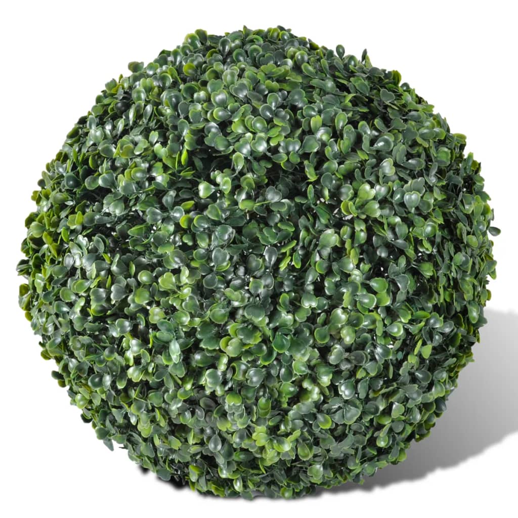 Two 10.6-inch artificial boxwood topiary balls in mixed green for indoor or outdoor use.
