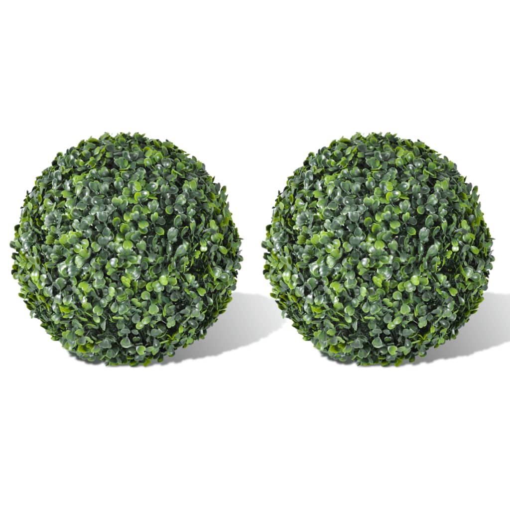 Two 13.8-inch artificial boxwood ball topiaries in mixed green.