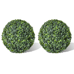 Two 13.8-inch artificial boxwood ball topiaries in mixed green.