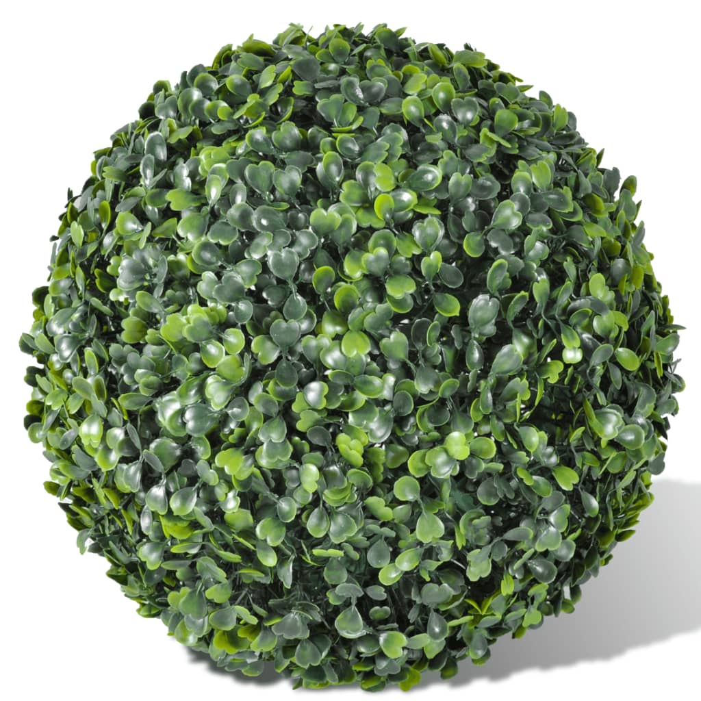Two 13.8-inch artificial boxwood topiary balls in mixed green with dense foliage texture