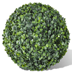 Two 13.8-inch artificial boxwood topiary balls in mixed green with dense foliage texture