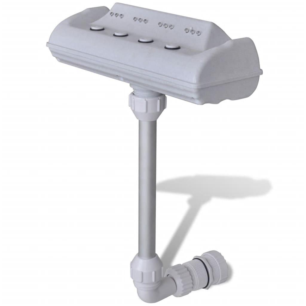 White plastic pool fountain with four LED-lit jets on a tall stand and hose connection.