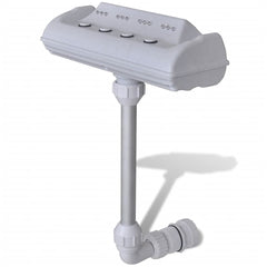 White plastic pool fountain with four LED-lit jets on a tall stand and hose connection.