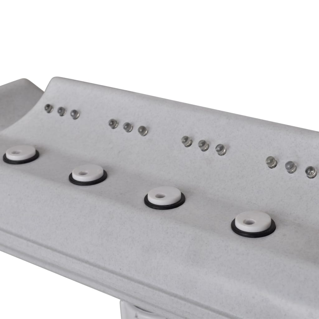 White pool fountain with curved cascade design, four white nozzles, and LED lights.