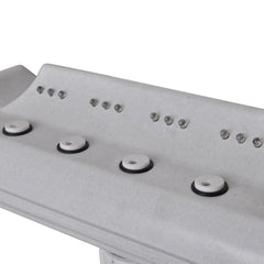White pool fountain with curved cascade design, four white nozzles, and LED lights.
