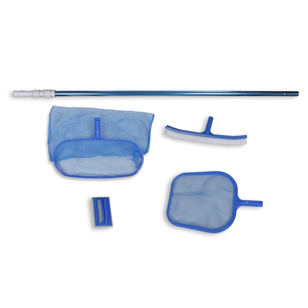 Blue pool cleaning set with two leaf skimmers, brush, and telescopic pole.