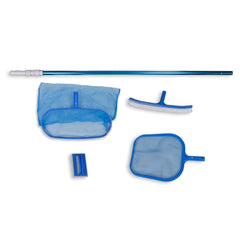 Blue pool cleaning set with two leaf skimmers, brush, and telescopic pole.