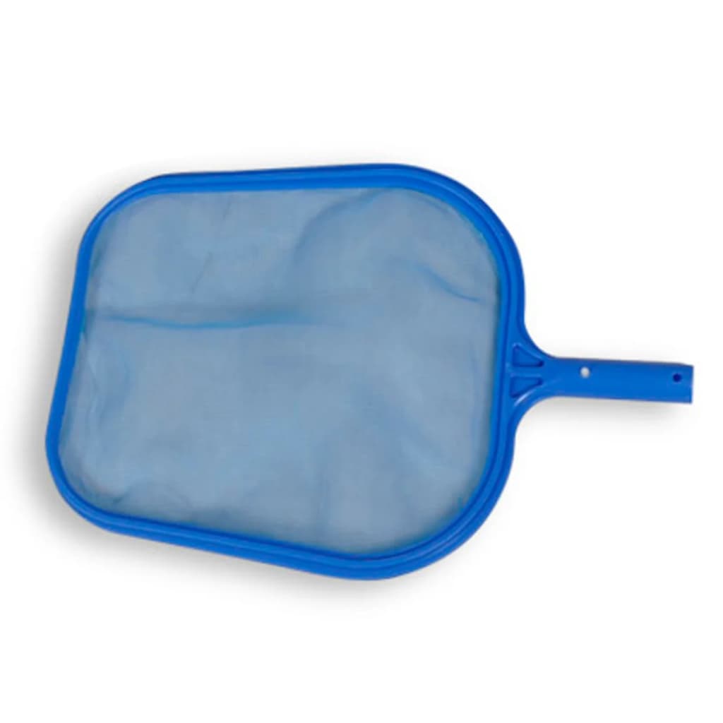 Blue plastic pool leaf skimmer net with handle on white background.