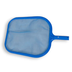 Blue plastic pool leaf skimmer net with handle on white background.