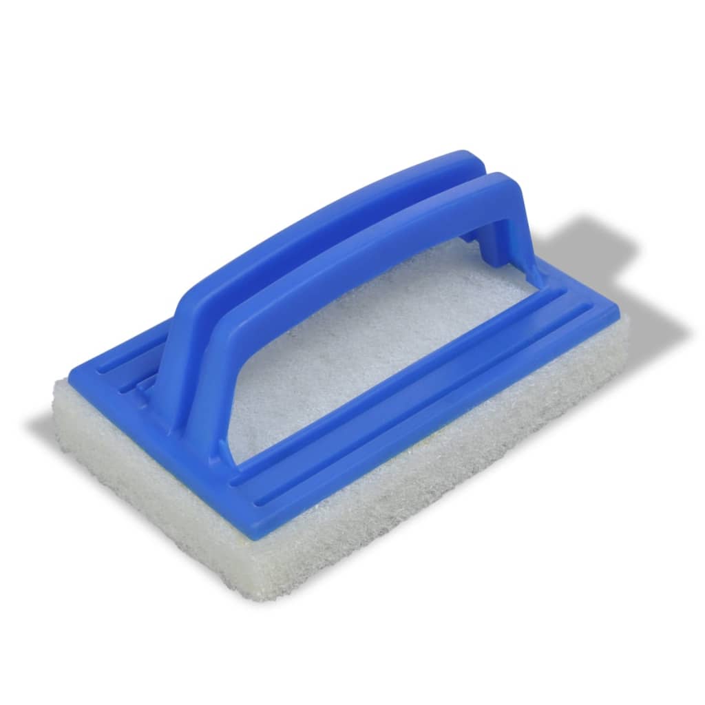 Blue rectangular sponge brush with white scrubbing pads and ergonomic blue handle.