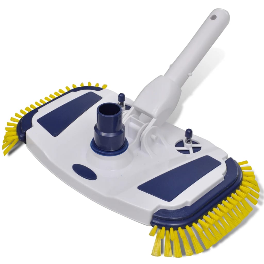 White pool vacuum head with yellow bristles and blue side brushes.