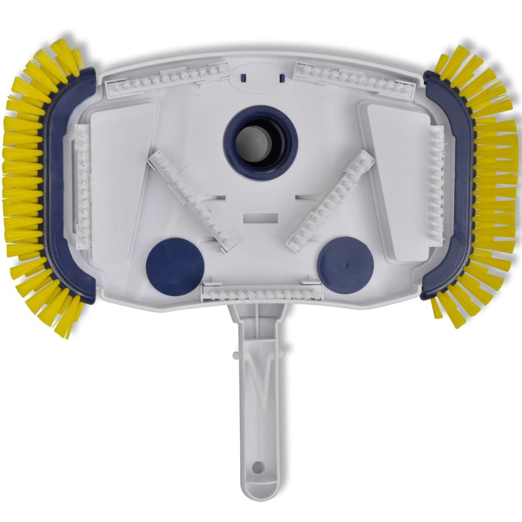 White pool vacuum head with yellow bristles and blue side brushes on a handle.