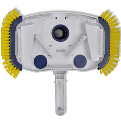 White pool vacuum head with yellow bristles and blue side brushes on a handle.