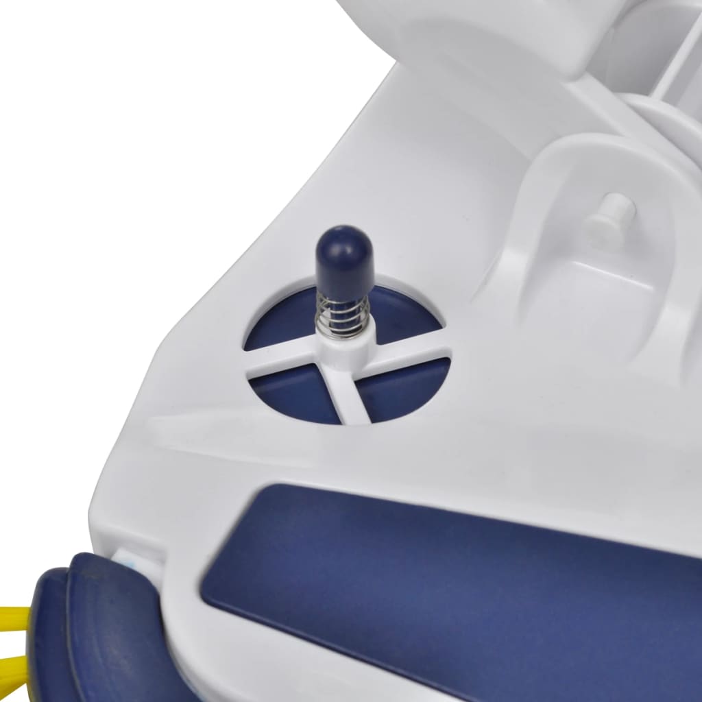 White pool vacuum head with blue accents, side brushes, and central spring valve.