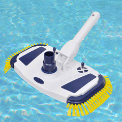 White pool vacuum head with yellow and blue brushes and side brushes in water.